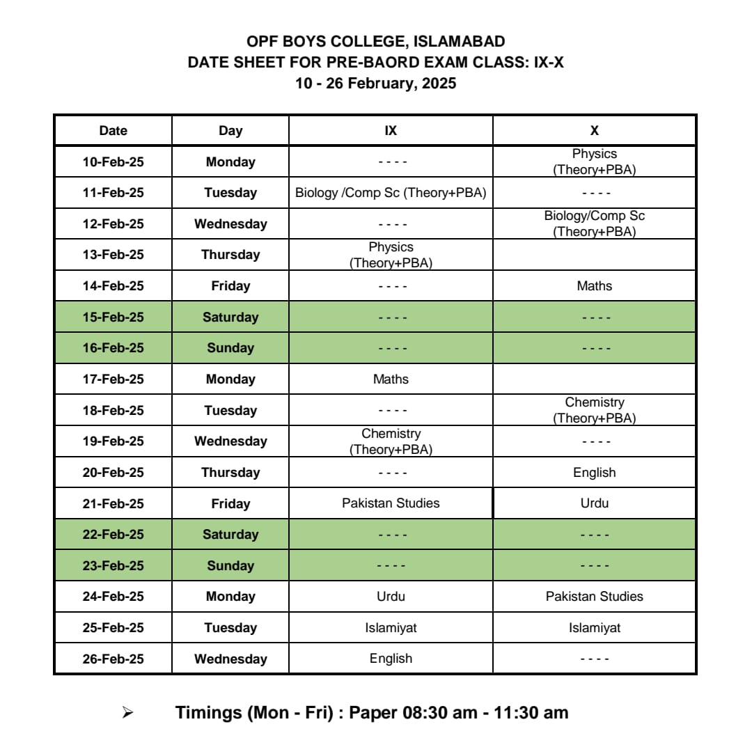 Date Sheet Pre Board Examination IX - X